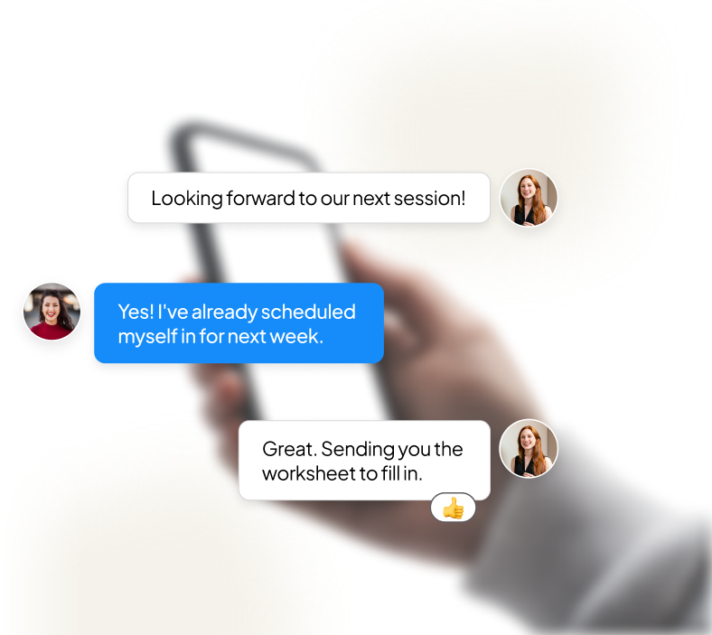 Client holding a phone with coach and client chat messages